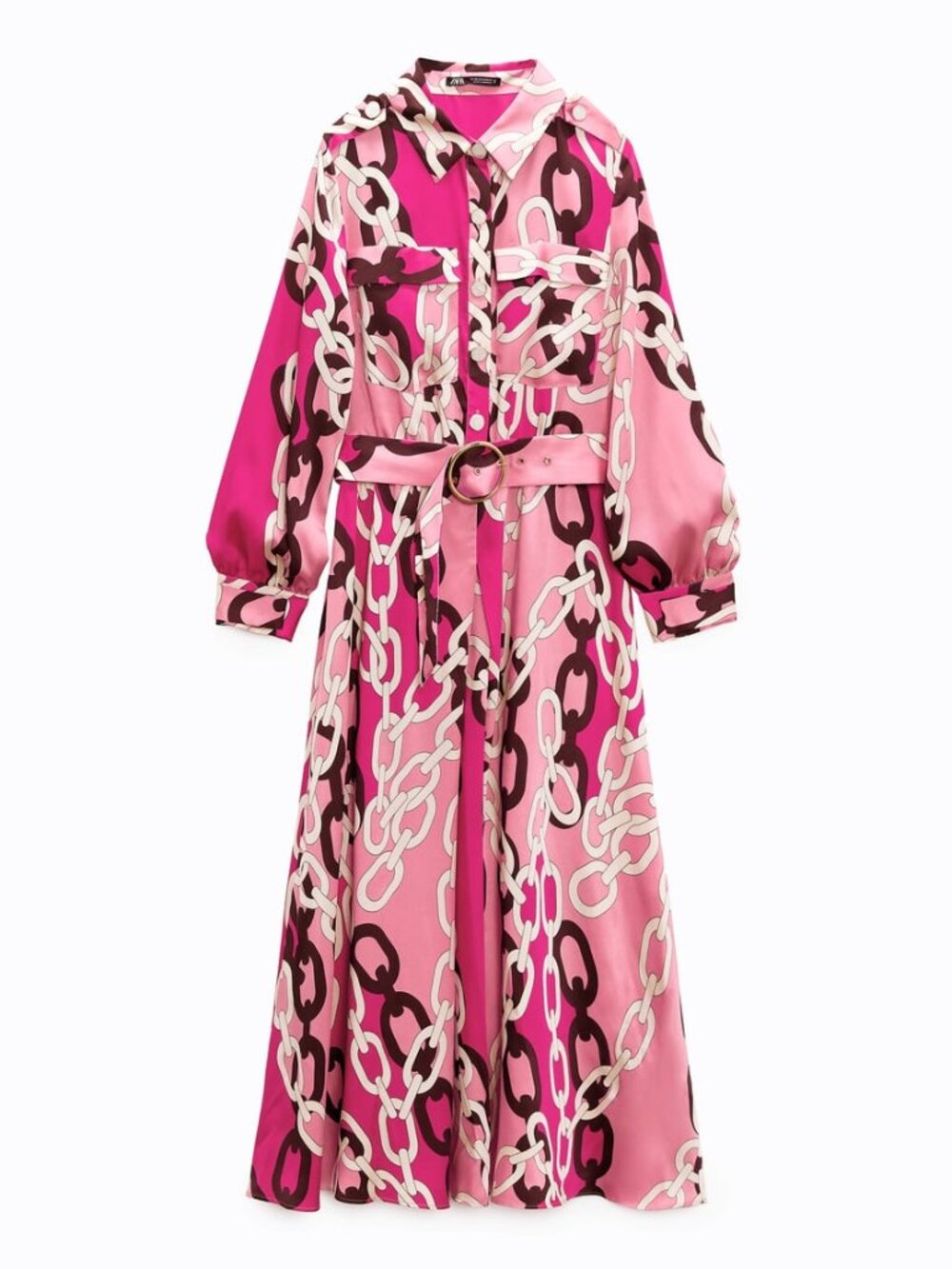 NWT ZARA Pink Multicolored Chain Printed Long Shirt Dress, Sz XL